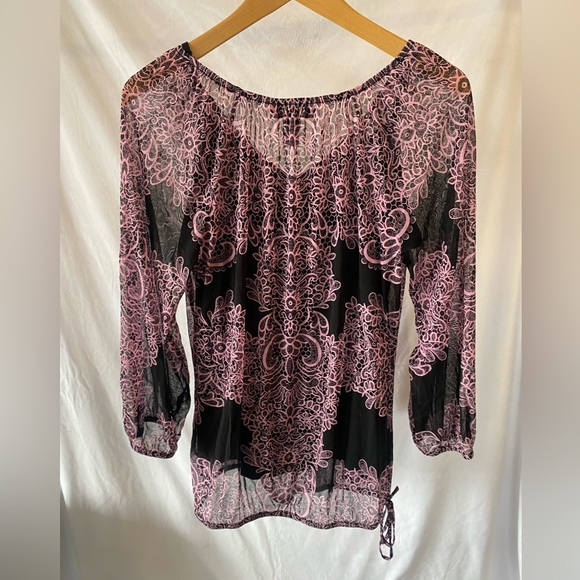 INC Pink & Black 3/4 Sleeve Mesh Blouse - Large - Picture 2 of 4